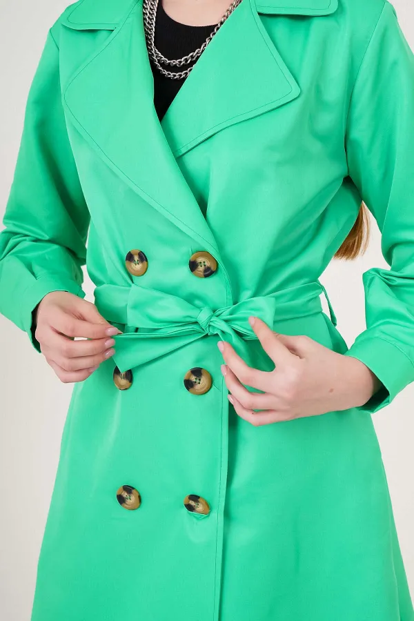 Women's Green Double-Breasted Belted Unlined Seasonal Casual Trench Coat HZL22S-BD158531