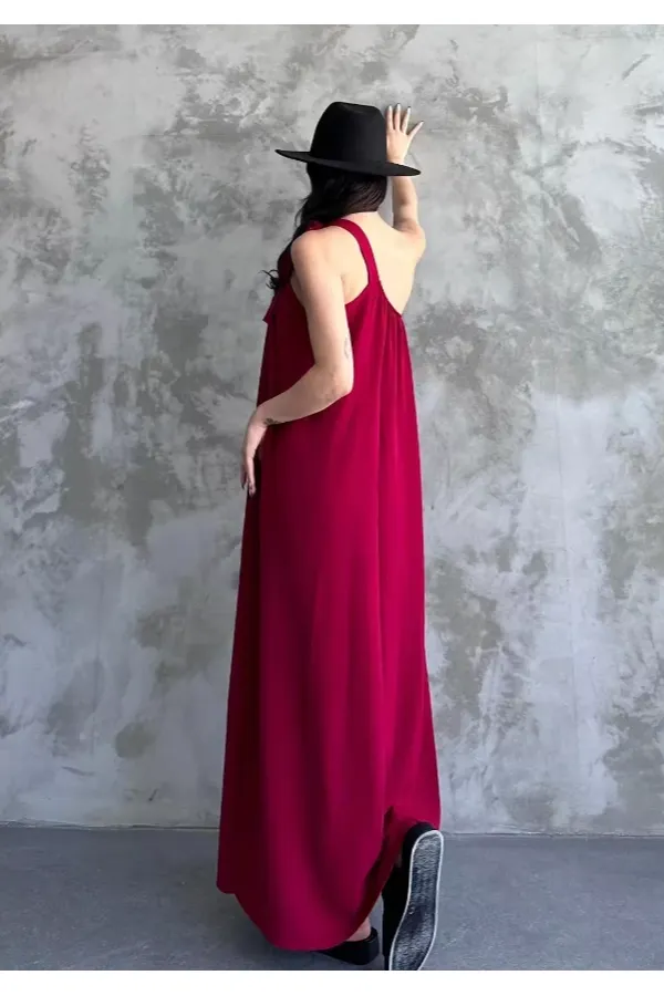 Kadın Bordo Omuzdan Bağlamalı Maxi Boy Dokuma Elbise HZL22S-DSB110031