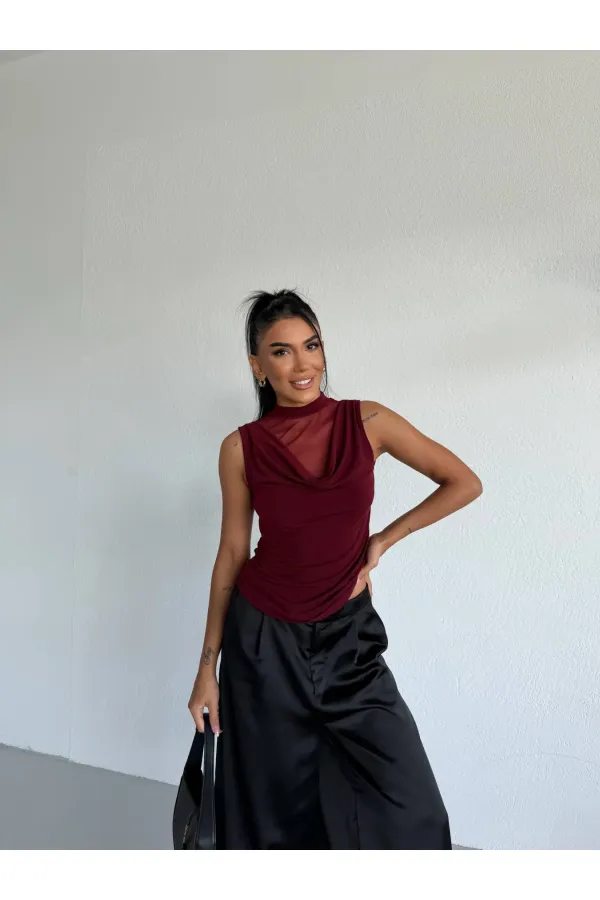 Kadın Bordo Tül Detay Degaje Yaka Yanlardan Drapeli Sandy Bluz HZL26S-FRY123791