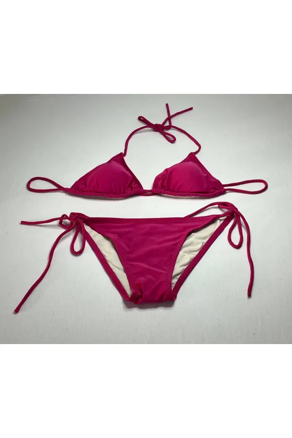 Kadın Koyu Pembe Boyundan İp Bağlamalı Üçgen Bikini Takımı HZL25S-LC5005