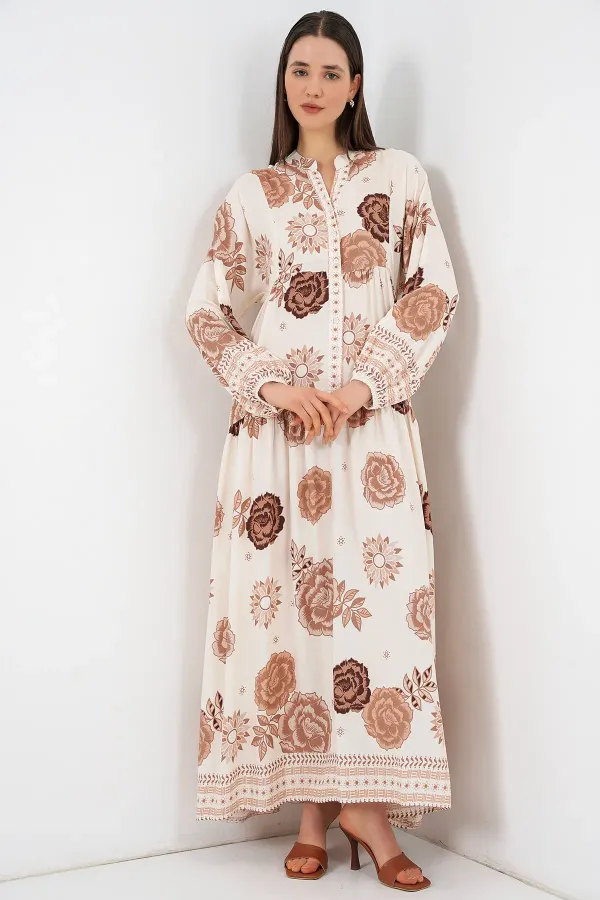 Kadın Desenli Uzun Tesettür Elbise 2585 - A.Bej