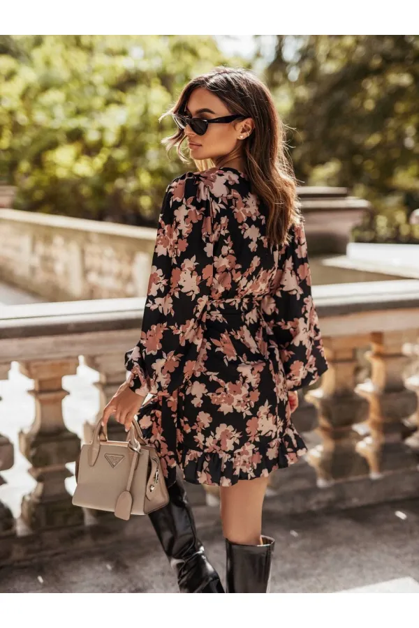 Women's Camel Black Crew Neck Printed Belted Elastic Waist Mini Dress HZL24S-FRY121361