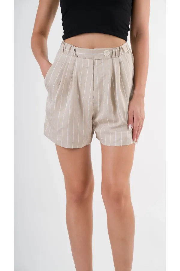 Kadın Bej Çizgili  Beli Lastikli Düğme Detaylı Cepli Şort HZL24S-YY277