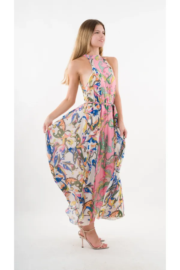 Kadın Çok Renkli Bloklu Yaprak Desenli Halter Yaka Kuşaklı Astarlı Uzun Elbise HZL24S-YY233