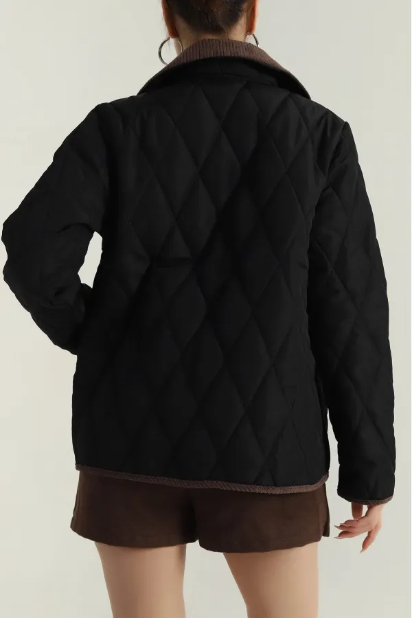 Kadın Siyah Çıt Çıt Kapamalı Kadife Detaylı Kapitone Mont HZL25W-BD152261