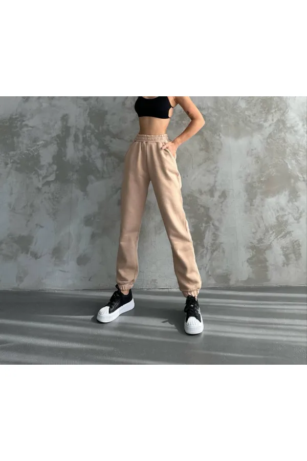 Kadın Bej Cepli Beli Paçası Lastikli 3 İplik Şardonlu Eşofman Altı HZL24W-ZK12321