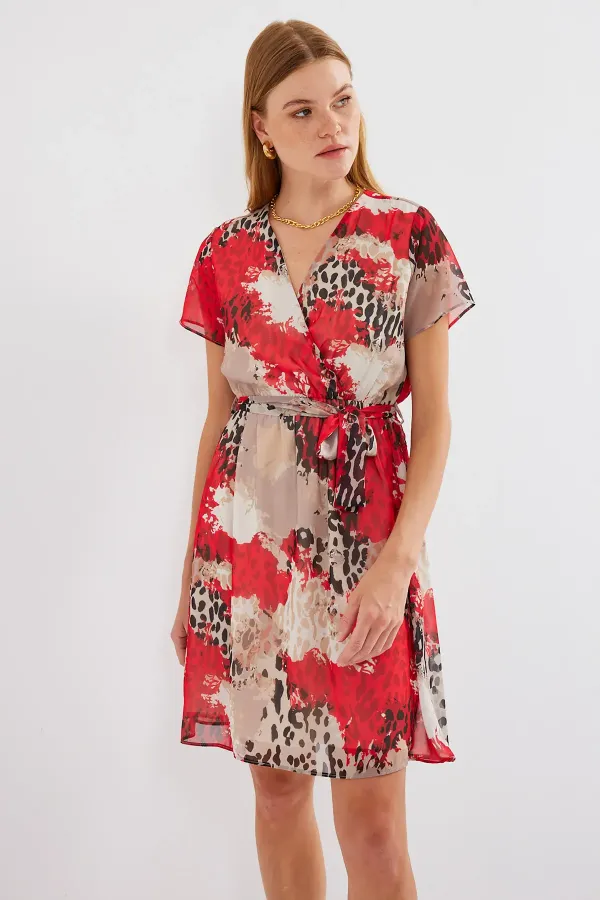 Robe courte en mousseline à motifs, manches courtes, rouge (réf. 2502)