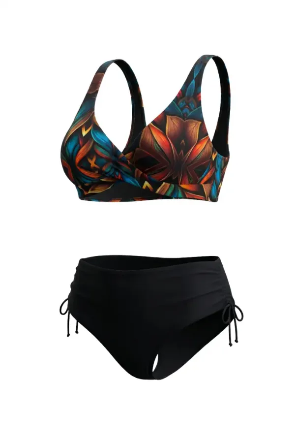 Ensemble bikini grande taille doublé à motif floral noir pour femme HZL26S-LC21202