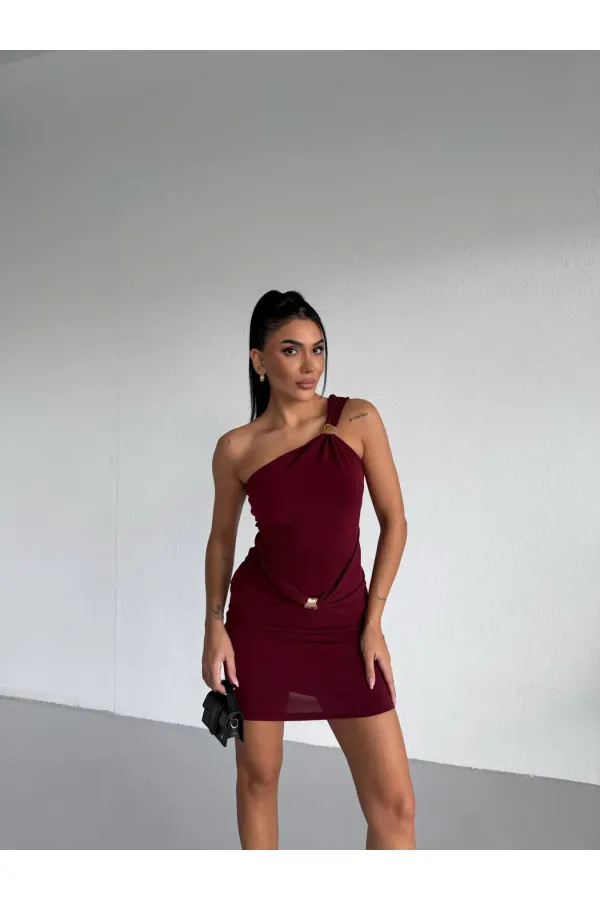 Women's Burgundy One-Shoulder Sandy Mini Dress with Gold Accessories HZL26W-FRY123781