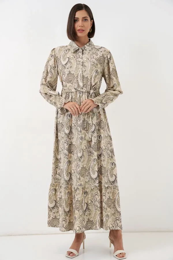 Kadın Kuşaklı Tesettür Elbise 2589 - Bej