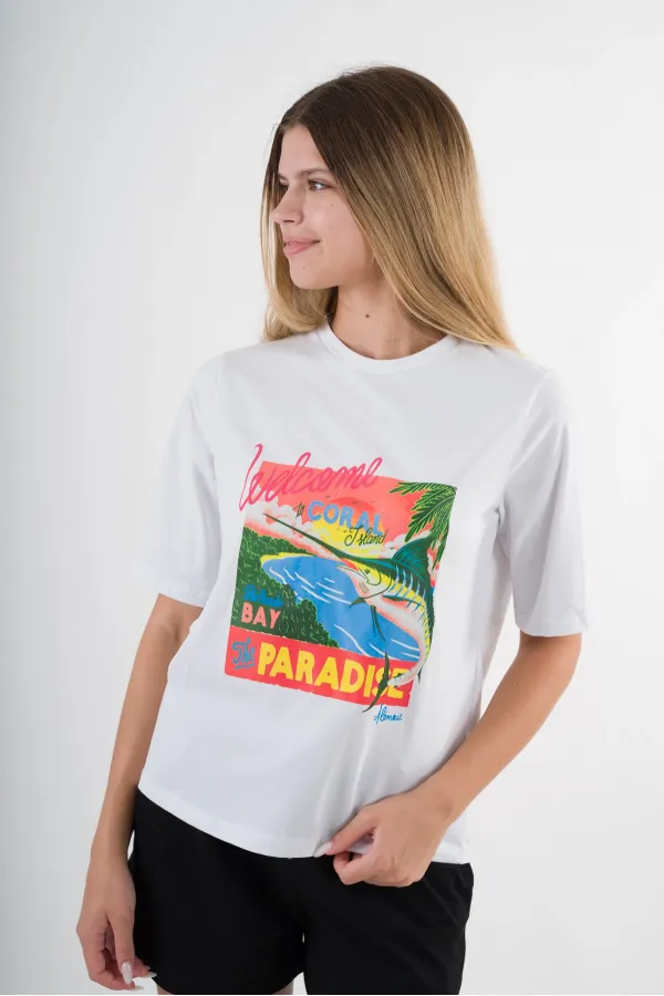Kadın Beyaz Paradise Baskılı Bisiklet Yaka T-Shirt HZL24S-YY302
