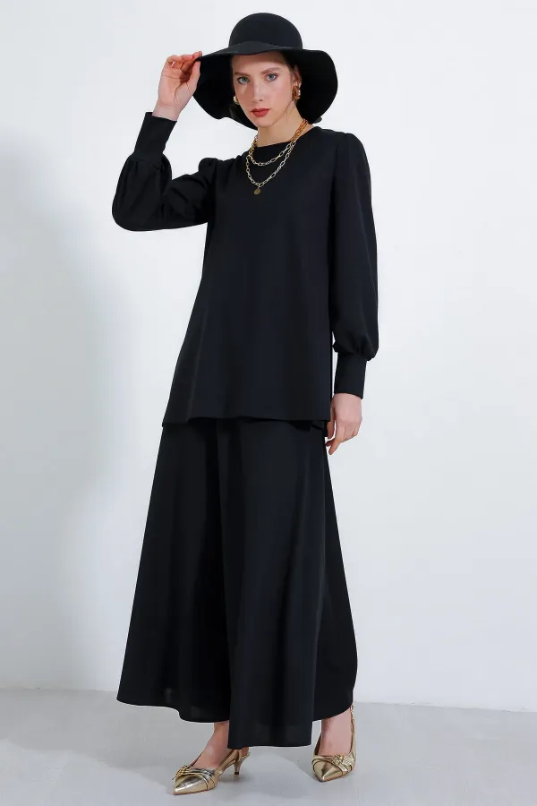 Kadın Siyah Örme Etek Tunik Alt Üst Takım HZL25S-BD180141
