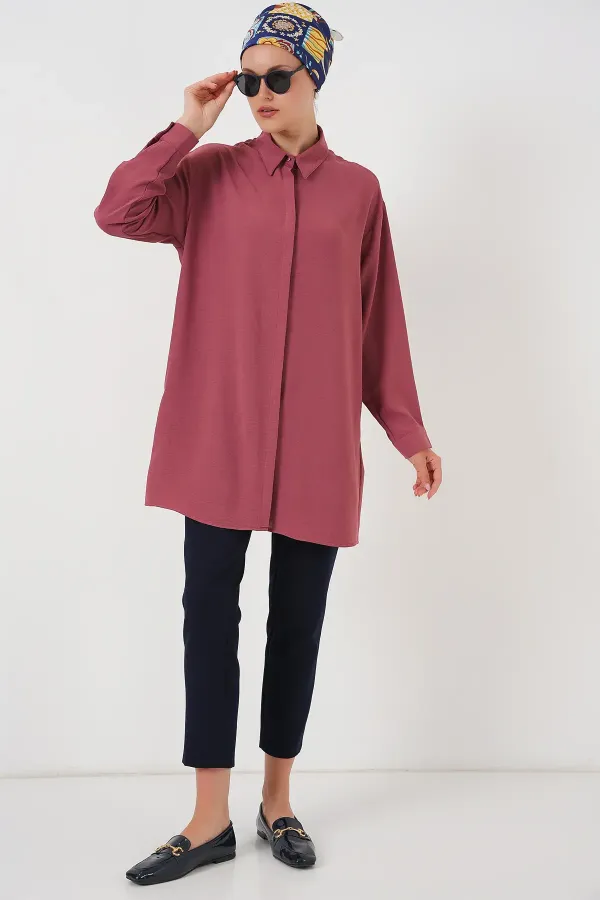 Kadın Uzun Gömlek Tunik 5945 - Gül Kurusu