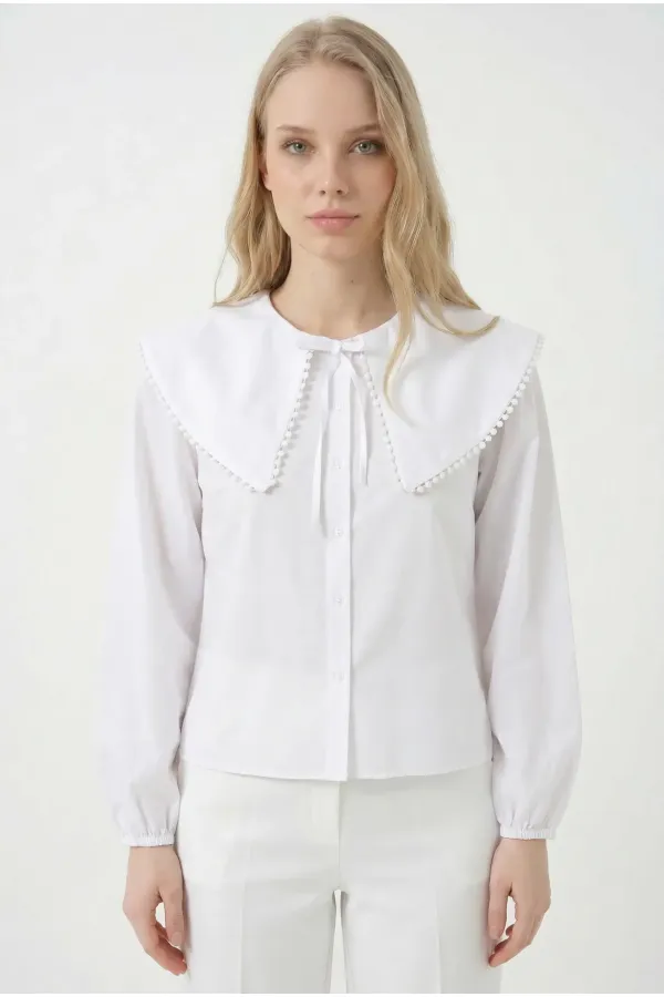 Kadın Beyaz Bebe Yaka Düğmeli Şık Günlük Gömlek HZL26S-BD1203141