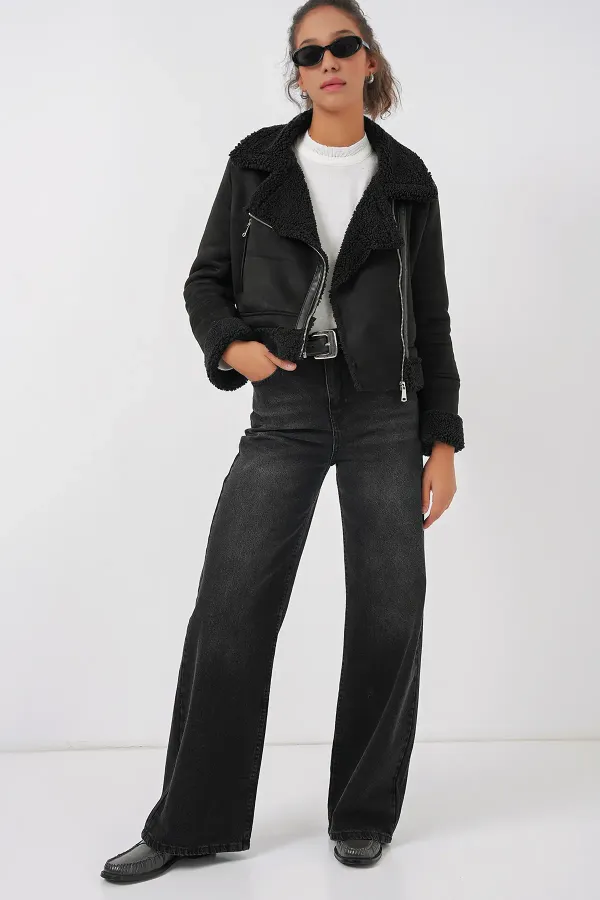 Veste croisée en similicuir et fausse fourrure 5155 - Noire