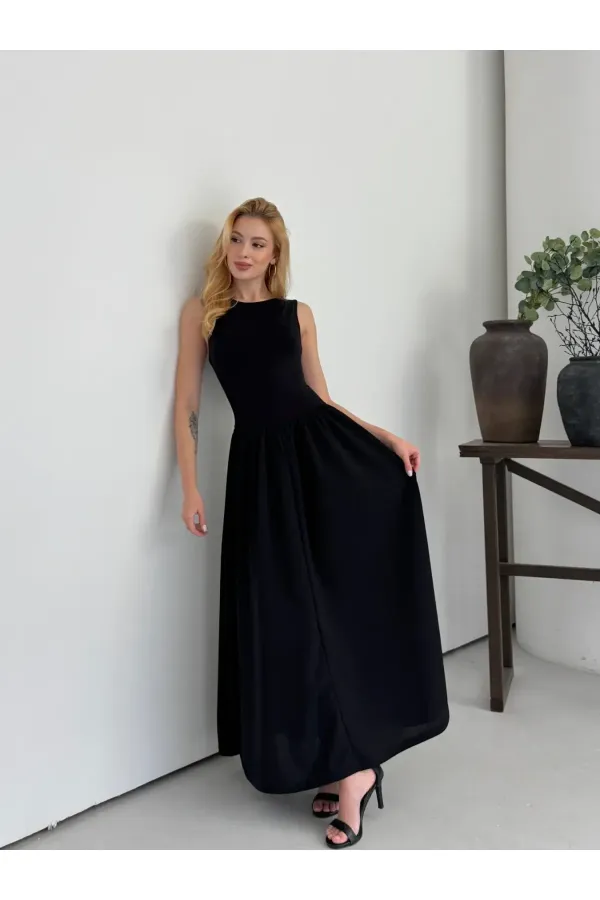 Kadın Siyah Bisiklet Yaka Üstü Esnek Viskon Alt Geniş Poplin Dokuma Kolsuz Elbise HZL26W-DSB1221