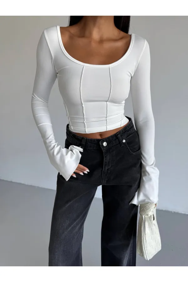 Kadın Beyaz Uzun Kollu Arkası Bağlamalı Fit Kesim Crop Bluz HZL25W-FRY122771