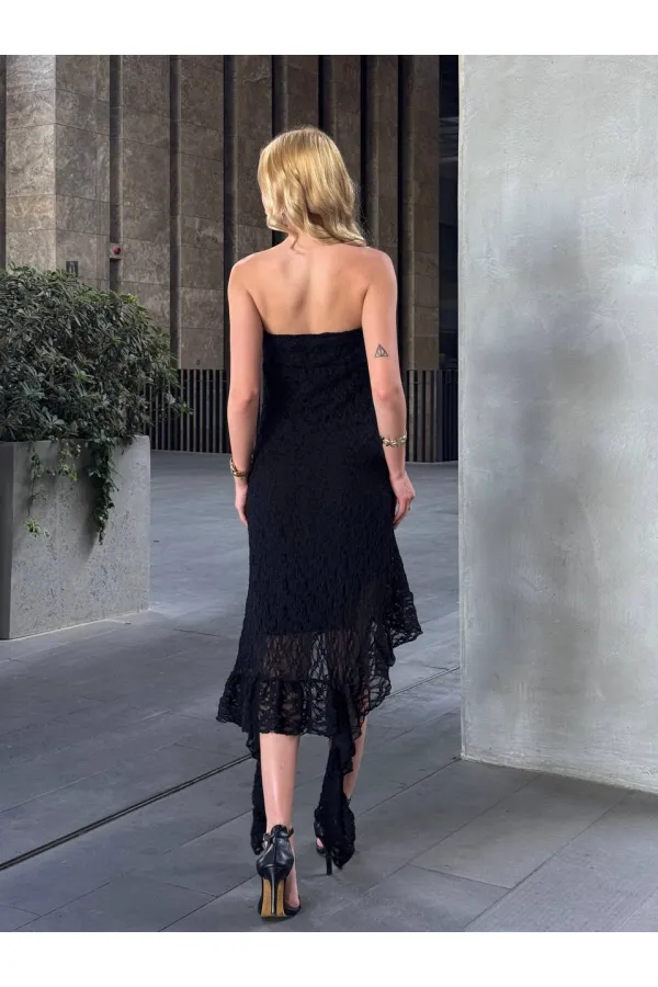 Kadın Siyah Boyundan Bağlamalı Straplez Asimetrik Astarlı Dantel Elbise HZL25S-ZK13671