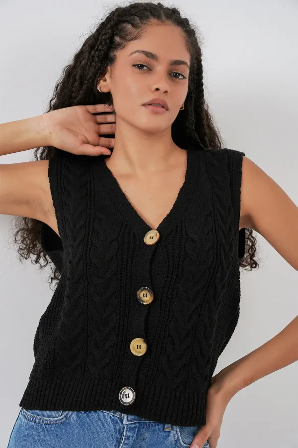 Gilet court boutonné en maille - Noir 15882