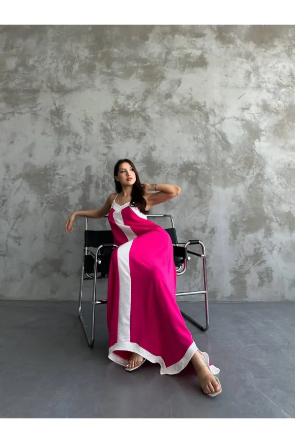 Kadın Pembe Beyaz Detaylı Asimetrik Kesim V Yaka Ayarlanabilir İp Askılı Elbise HZL24S-MJ113041