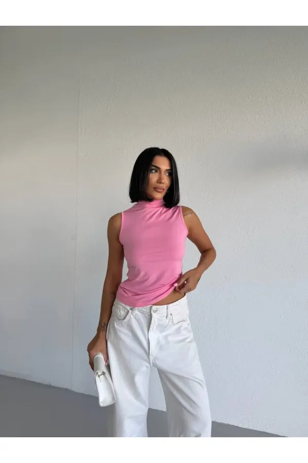 Women's Pink Turtleneck Sleeveless Sandy Crop Blouse HZL26S-FRY123931