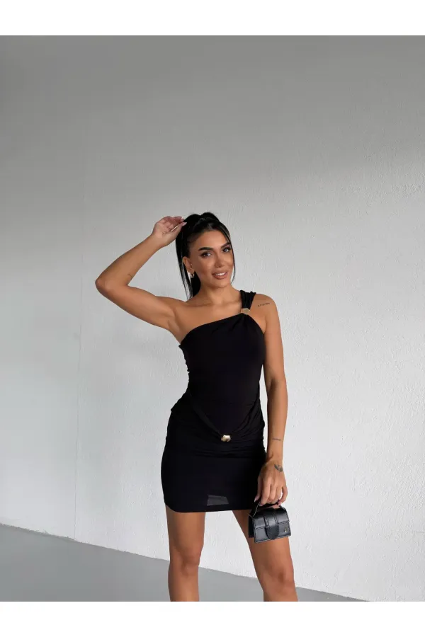 Women's Black One-Shoulder Sandy Mini Dress with Gold Accessories HZL26W-FRY123781