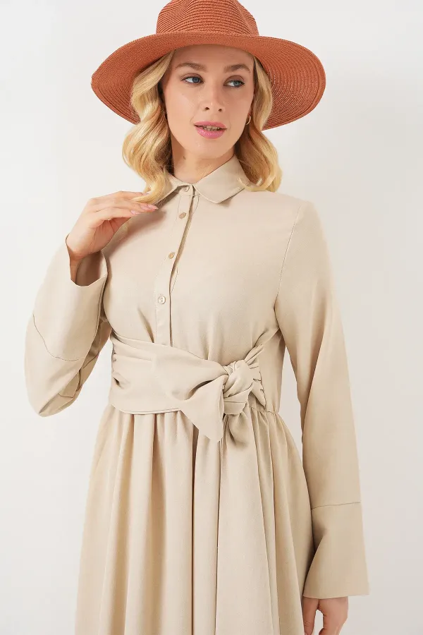 Robe en lin beige à nouer sur le devant pour femme 2574