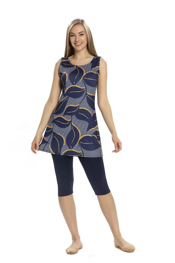 Women's Navy Blue Leaf Pattern Sleeveless Semi-Covered Tights Swimsuit HZL25S-AR152/504