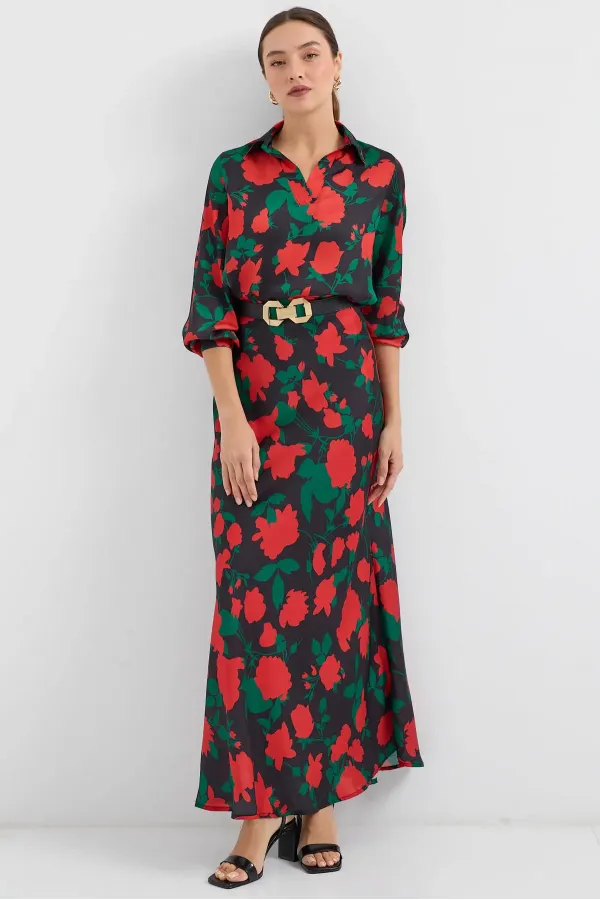 Ensemble deux pièces en satin à motifs noirs et rouges pour femme 8018