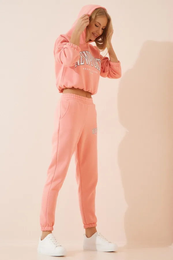 Women's Pink Hooded Printed Polar Fleece Top Crop Top with Underwire Tracksuit Set HZL23W-BD1553971