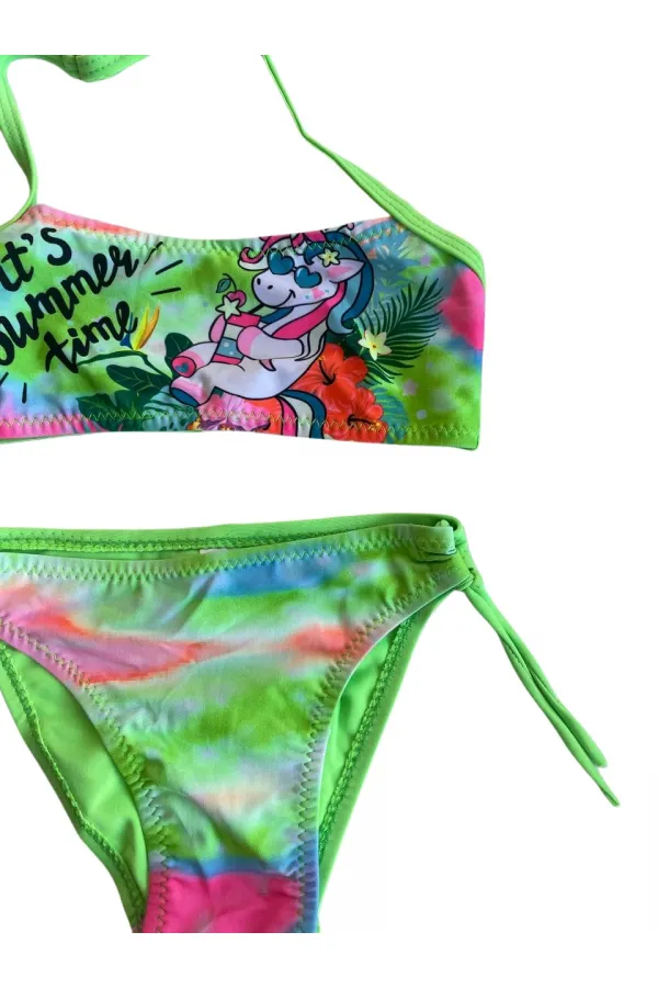Girl Neon Green Patterned 2-8 Years Strapless Bikini Set HZL24S-LC3652