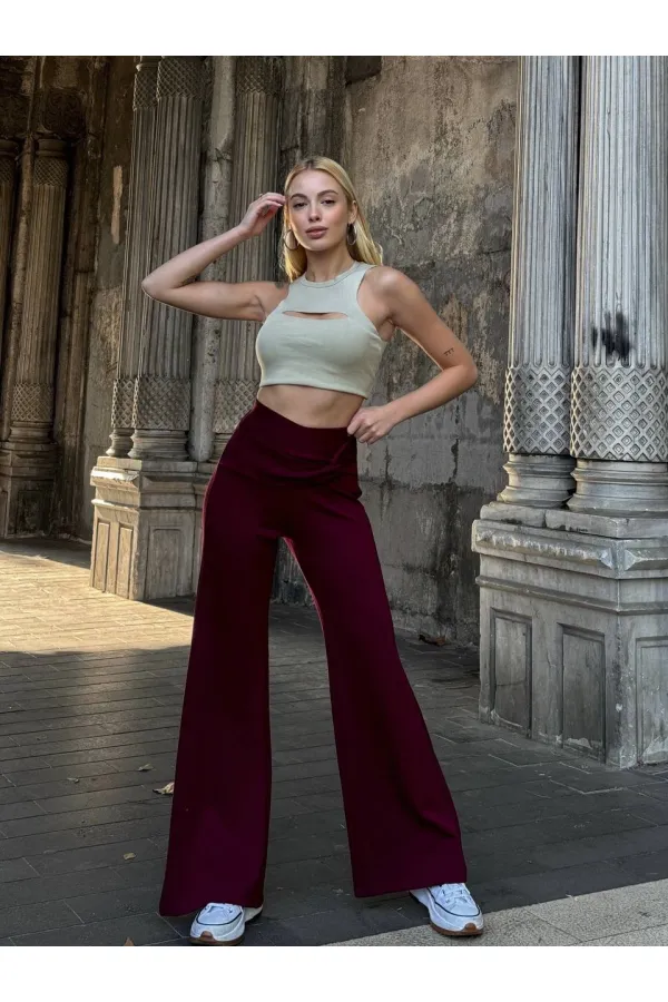 Kadın Bordo Yüksel Bel Kemer Detaylı İspanyol Paça Pantolon HZL25W-ZK11481