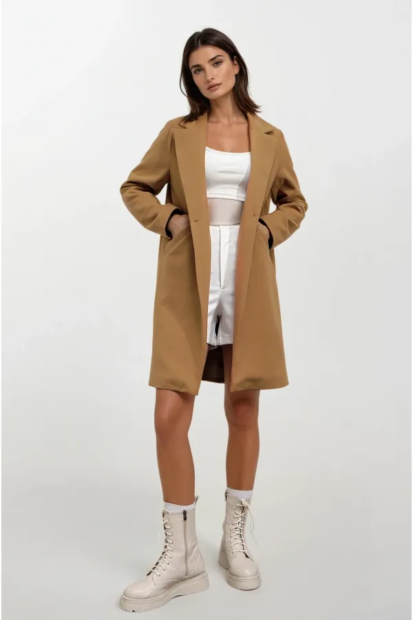 Kadın Hardal Tek Düğmeli Çift Cepli Astarlı Şık Kaşe Kaban HZL23W-BD190851