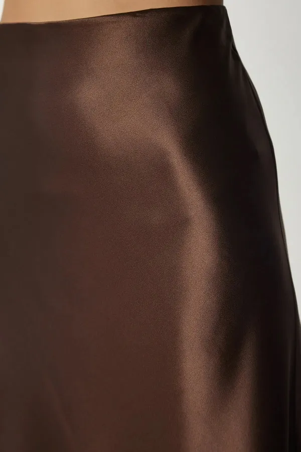 Kadın Çikolata Saten Yüzeyli Beli Lastikli Midi Boy Etek Hzl23s-bd1101471