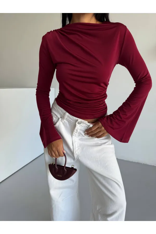 Kadın Bordo Drape Detaylı İspanyol Kol Sany Bluz HZL25W-FRY123431