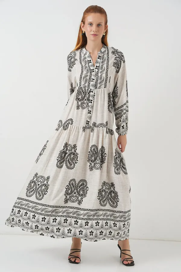 Kadın Desenli Uzun Tesettür Elbise 2585 - Taş