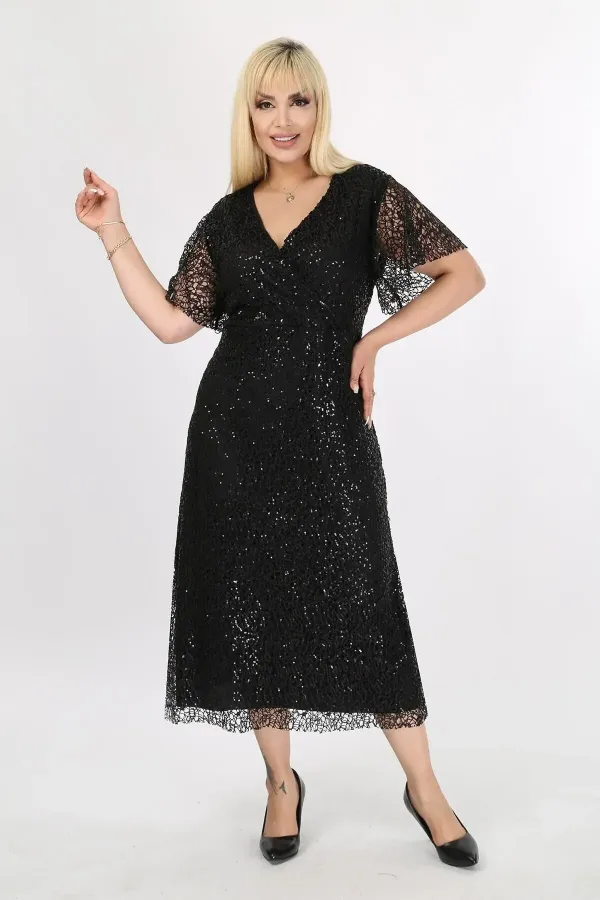Kadın Siyah Büyük Beden Kruvaze Yaka Payetli Abiye Elbise HZL26S-PR11171