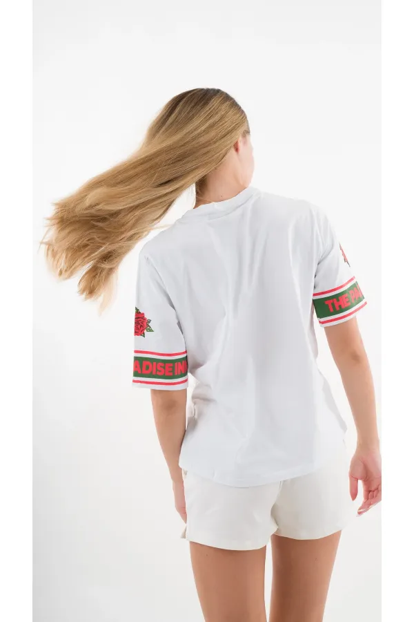 Kadın Beyaz Kırmızı Peponi Baskılı Bisiklet Yaka T-Shirt HZL24S-YY302