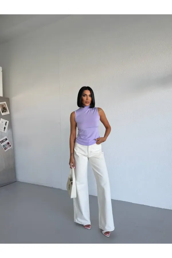 Women's Lilac Turtleneck Sleeveless Sandy Crop Blouse HZL26S-FRY123931 Women's Lilac Turtleneck Sleeveless Sandy Crop Blouse HZL26S-FRY123931
