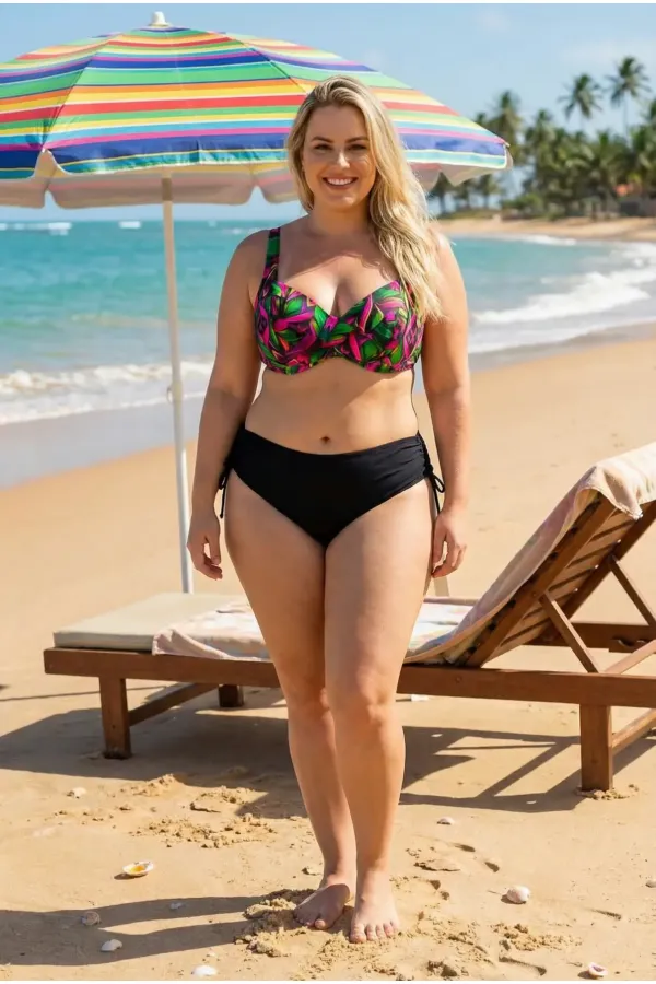Ensemble bikini grande taille fuchsia à motifs noirs et galbant à armatures pour femme HZL26S-LC2519
