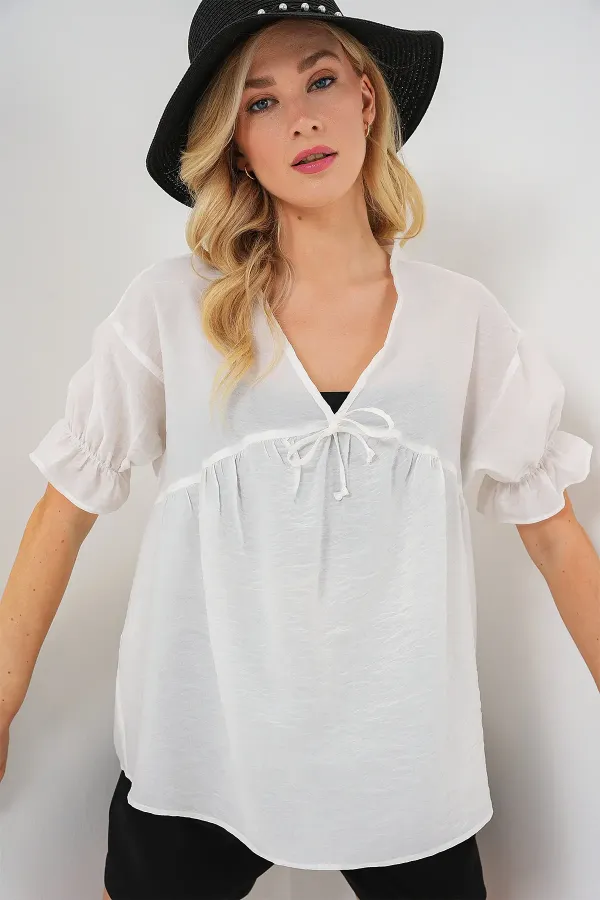 Women's Front Lace-Up Short-Sleeve Blouse 962 - White