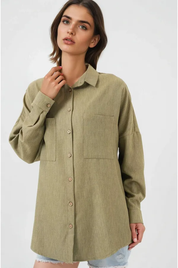 Kadın Çağla Yeşil Oversize Çift Cepli Keten Gömlek HZL22S-BD1201261