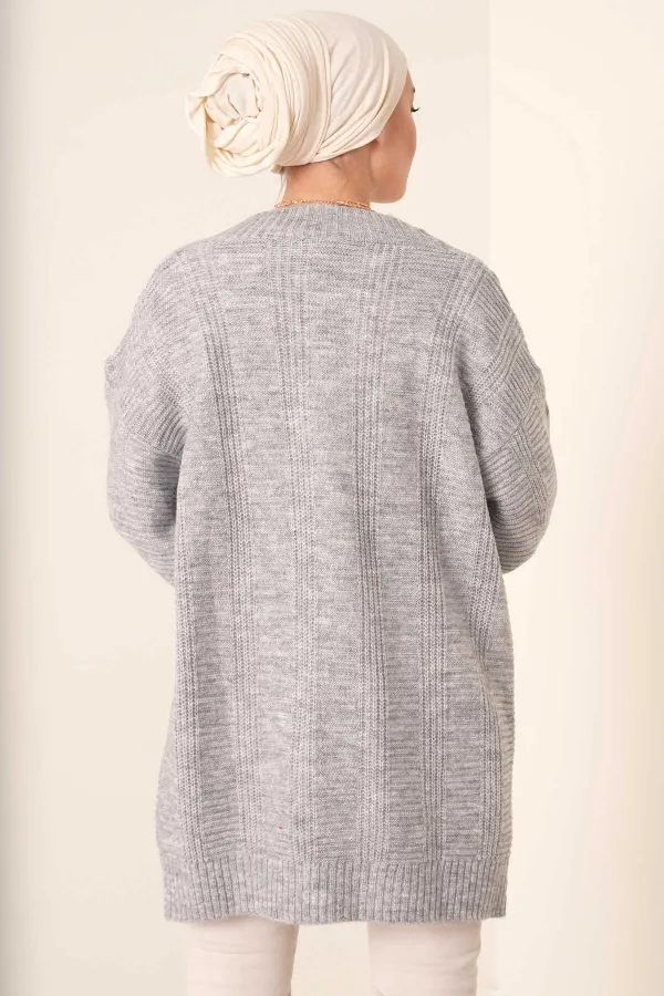 Cardigan long boutonné coupe décontractée en tricot gris clair pour femme HZL23W-BD1100691