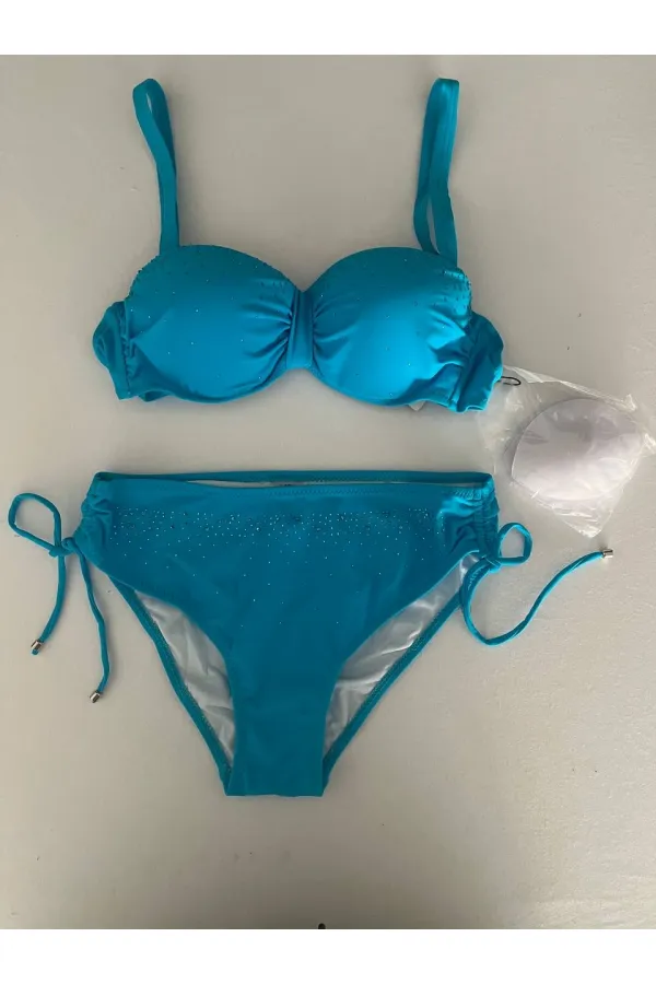 Women's Blue Stone Embroidered Lined Bikini Set HZL25S-LC3361