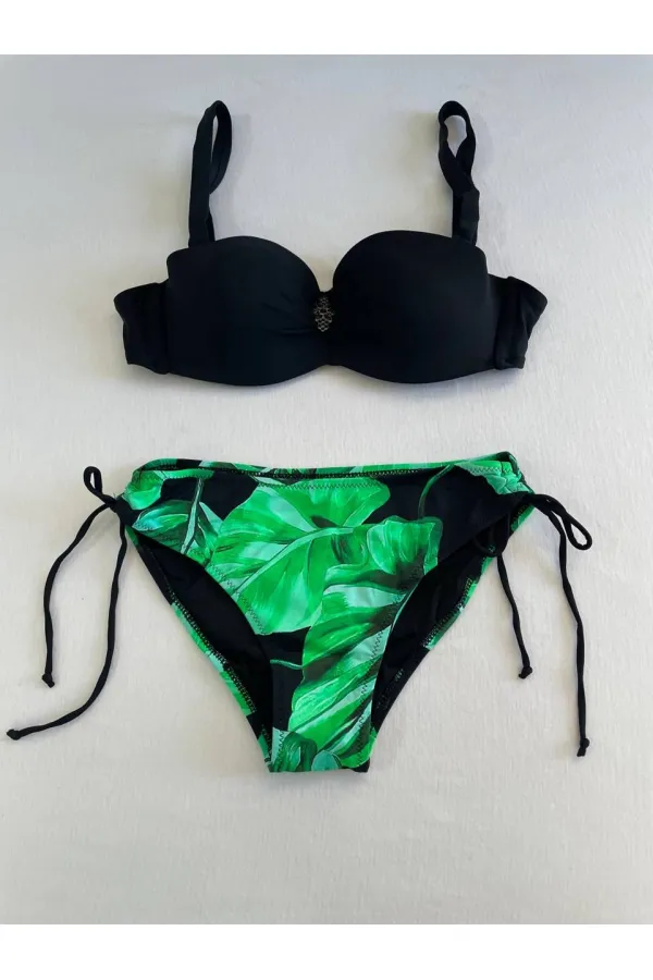 Ensemble bikini femme à boucle noire et motif vert détaillé HZL25S-LC3352
