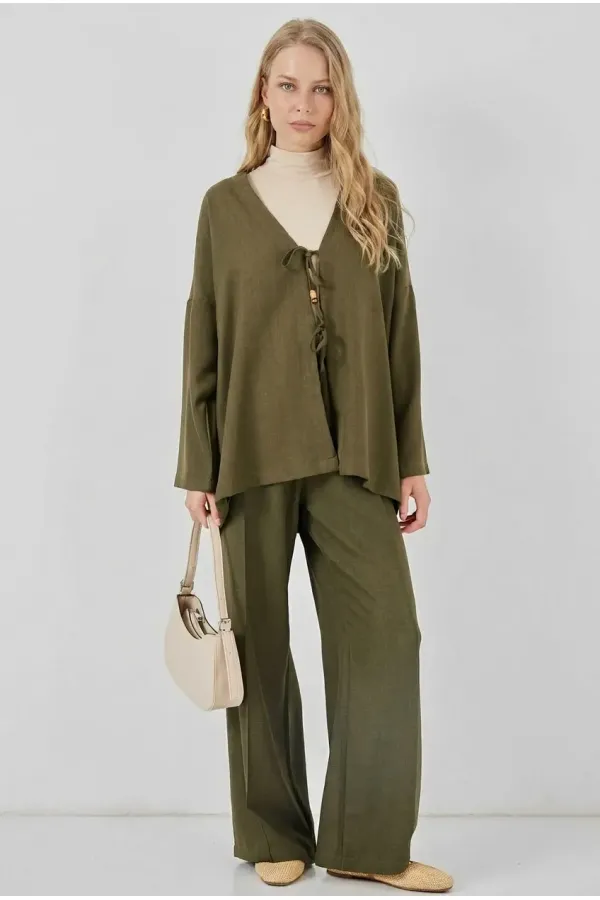 Kadın Haki Keten Bağlama Detaylı Kimono Pantolon İkili Takım HZL26S-BD167271