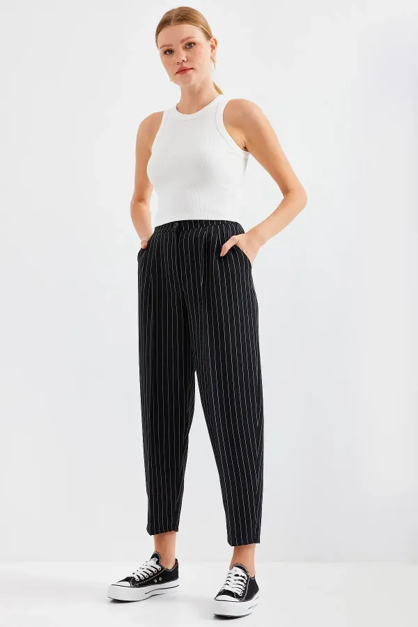 6637 High-Waisted Striped Fabric Trousers - Black
