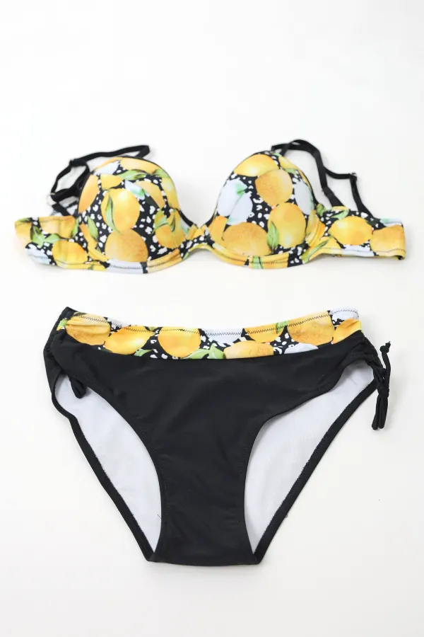 Kadın Sarı Siyah Limon Desenli İp Askılı Yüksek Bel Bikini Takım HZL24S-LC3348
