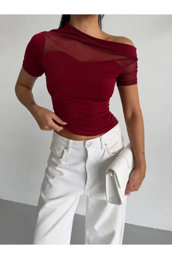Kadın Bordo Tek Omuz Transparan Tül Detaylı Şık Sandy Bluz HZL26S-FRY123871