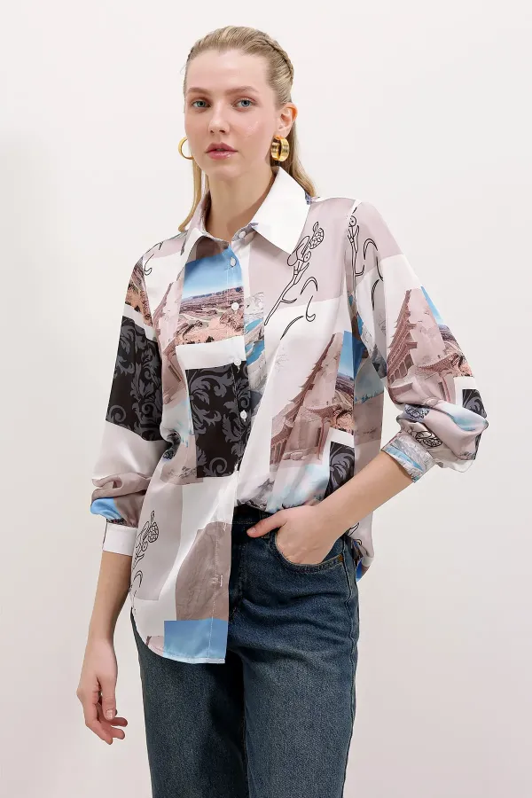 3964 Lightly Draped Satin Shirt - Light Beige